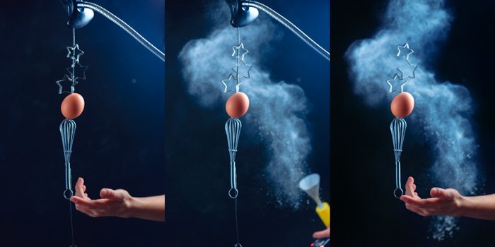 Photogrid showing the stages of shooting a creative still life using flying kitchen utensils and flour clouds 