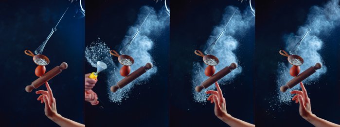 Photogrid showing the stages of shooting a still life using flying kitchen utensils and flour clouds - creative still life photo