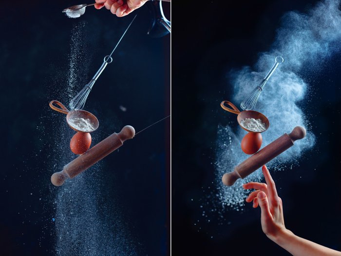 Diptych showing the difference between making a flour cloud with a strainer versus a cloud gun in a flour photoshoot with food and utensils