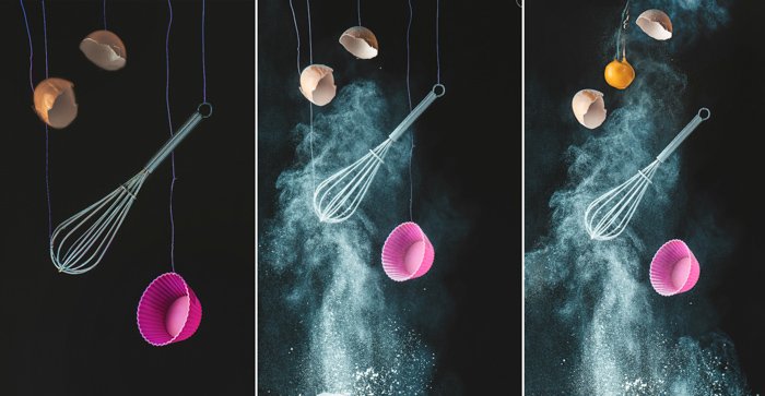 Setup for shooting a still life of flying kitchen utensils and flour clouds - creative still life photos