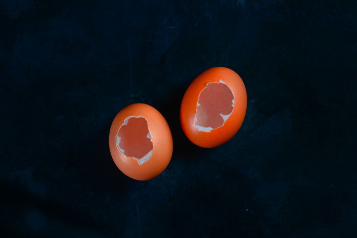 two empty eggshells on dark background