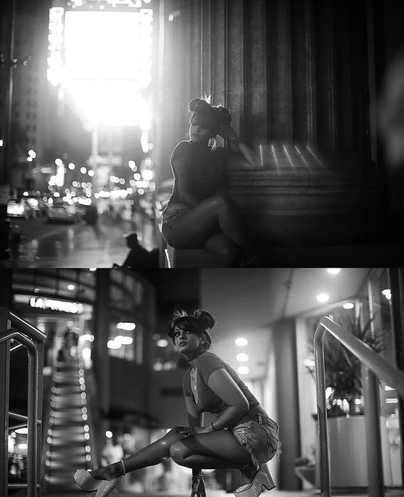 A female model posing for a black and white night portrait photography diptych