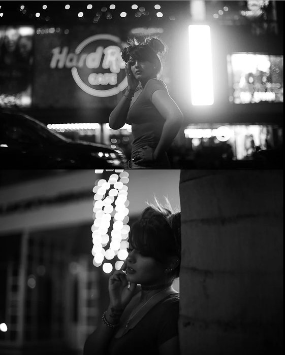 An atmospheric black and white night portrait photography diptych of a female model