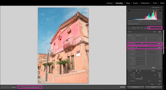Screenshot showing how to fix an overexposed photo in Lightroom - brush tool