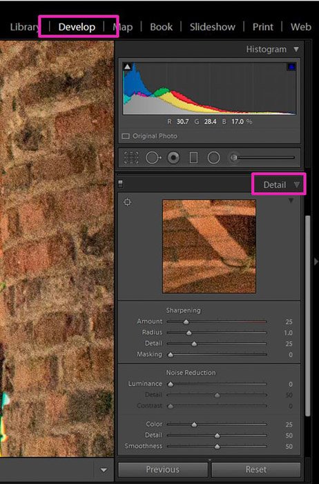 Screenshot showing how to correct exposure in Lightroom - How to Decrease Image Grain