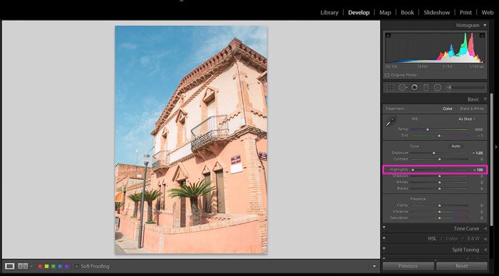 Screenshot showing how to fix an overexposed photo in Lightroom
