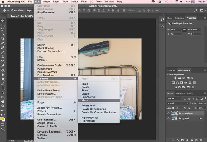 A screenshot showing how to use the Photoshop warp tool 