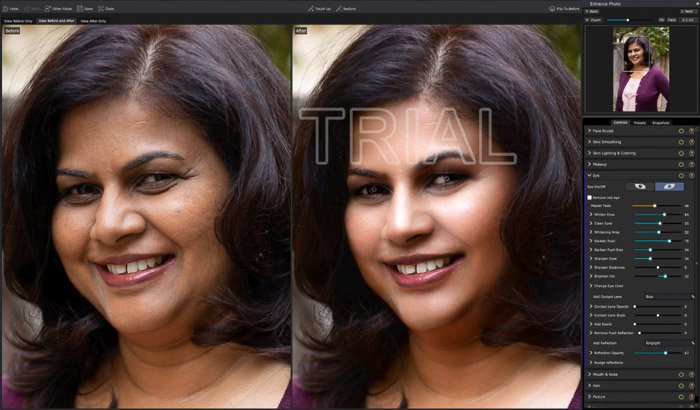 A screenshot of editing a portrait in PortraitPro 17 - Eye adjustment panel. This example shows a ringlight that's been added.