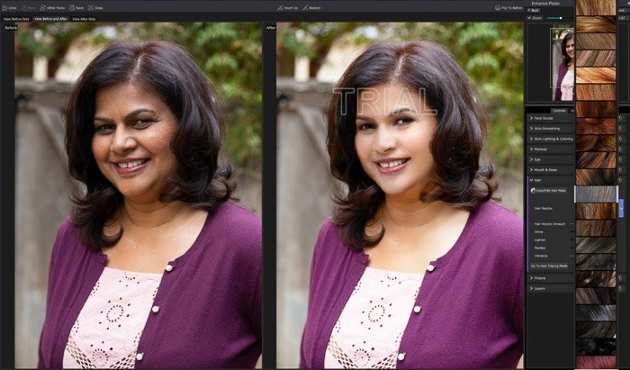 A screenshot of editing a portrait in PortraitPro 17 - Hair adjustment panel. Lots of hair color options!