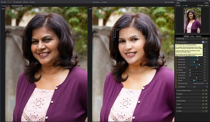 A screenshot of editing a portrait in PortraitPro 17 - before and after adjustments on a female portrait