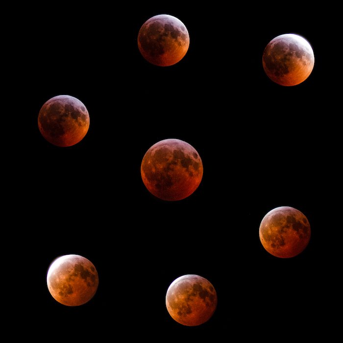 Composite of the lunar eclipse around totality.