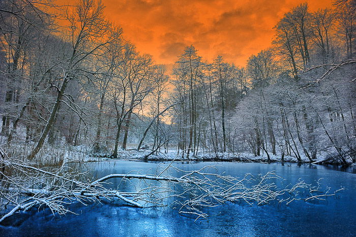 A lake surrounded by icy trees and a stunning orange sky - dramatic skies photo