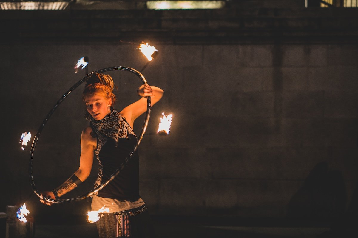 Portrait of a fire dance performer for fire photography