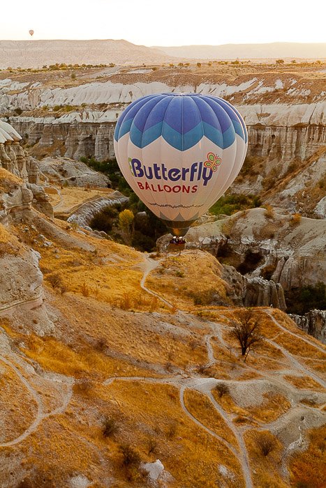 A blue and white hot air balloon over a rocky mountain landscape