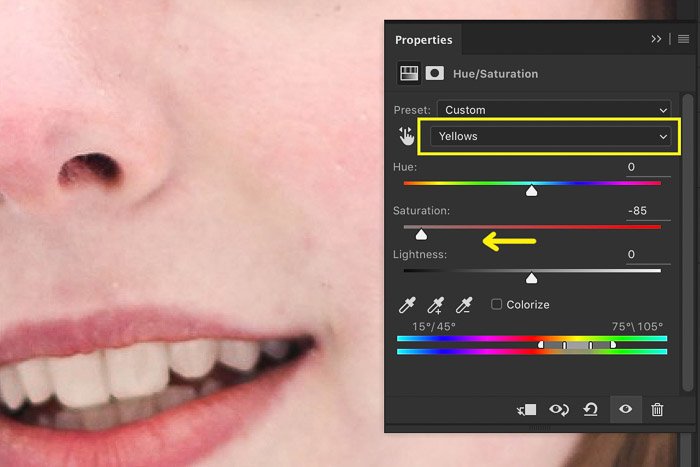 A screenshot showing how to make an Adjustment Layer to get white teeth in Photoshop 