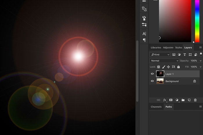 Screenshot showing how to add lens flare in Photoshop