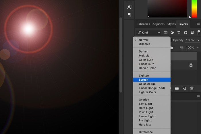 Screenshot showing how to add lens flare in Photoshop