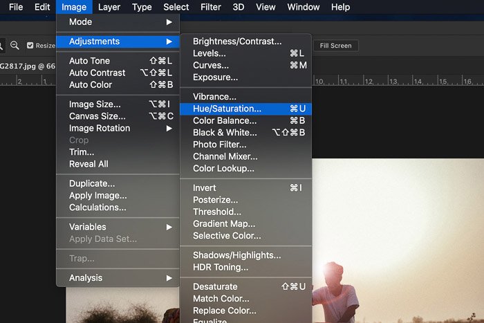 Screenshot showing how to add lens flare in Photoshop - hue/saturation adjustments