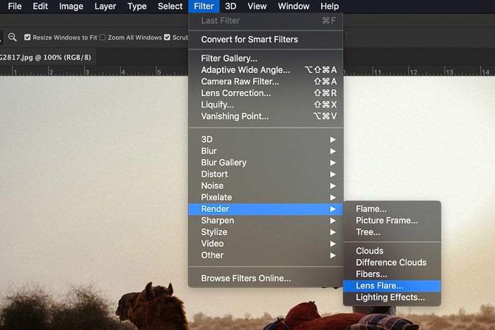 Screenshot showing how to apply the lens flare filter in Photoshop