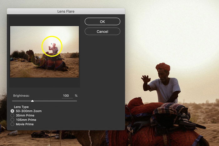 Screenshot showing how to add lens flare in Photoshop