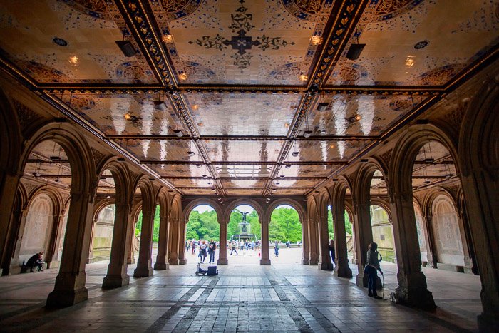 The view through the Bethesda terrace in Central Park in New York , best places to take pictures in nyc