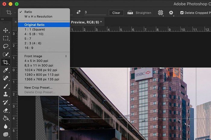 Screenshot showing how to crop a photo in Photoshop - select the crop ratio