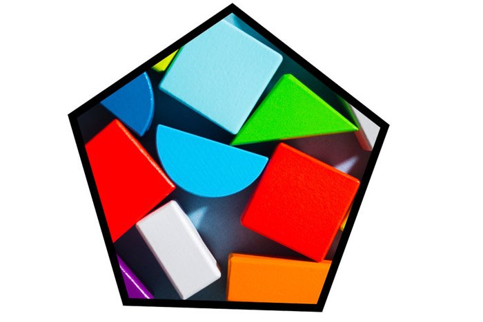 A photo of colorful shapes in a pentagon shaped Photoshop frame