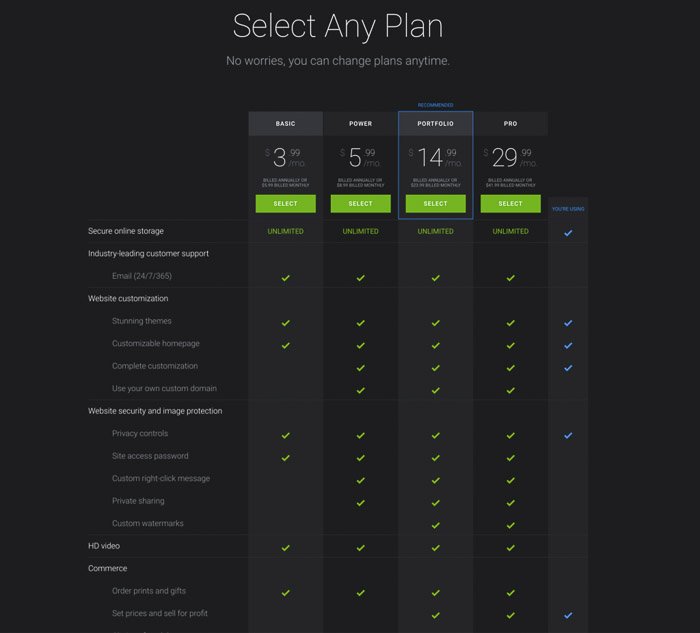 A screenshot of SmugMug package plans