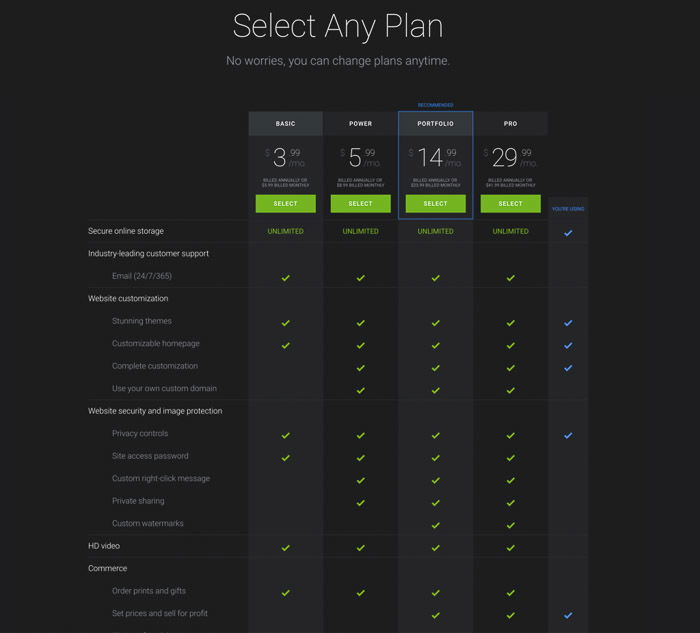 A screenshot of Smugmug package plans