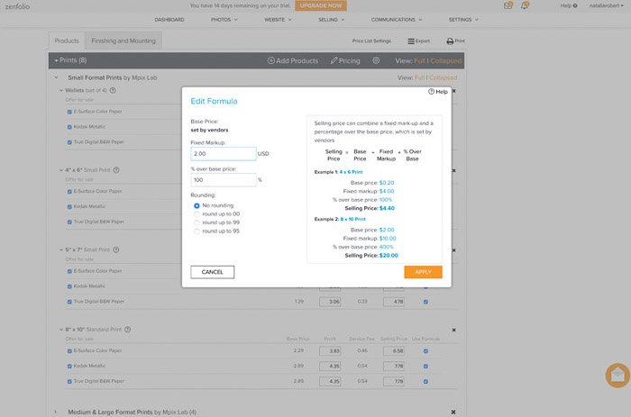 Screenshot of Zenfolio price list creation