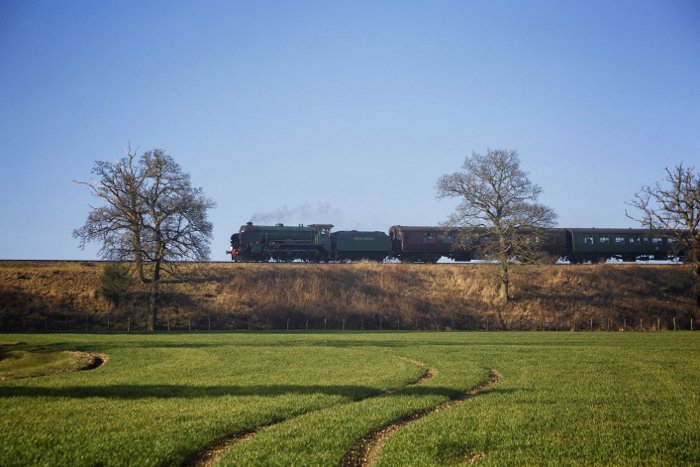 A steam train driving through a luscious green countryside - train photography