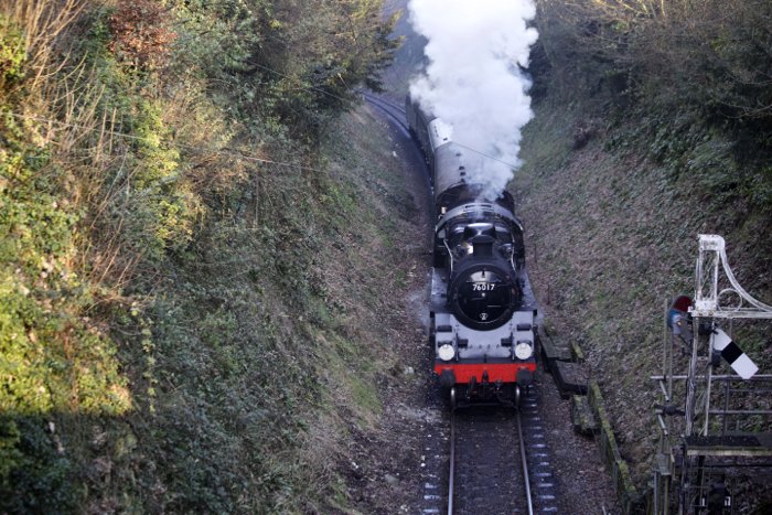 A steam train driving through a luscious green countryside - train photography