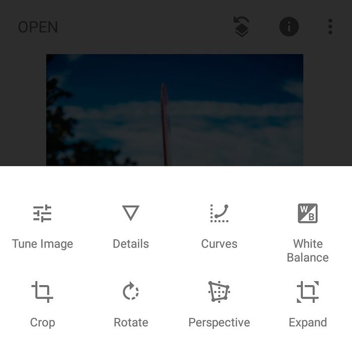 A screenshot of adjusting photos with basic editing tools in Snapseed