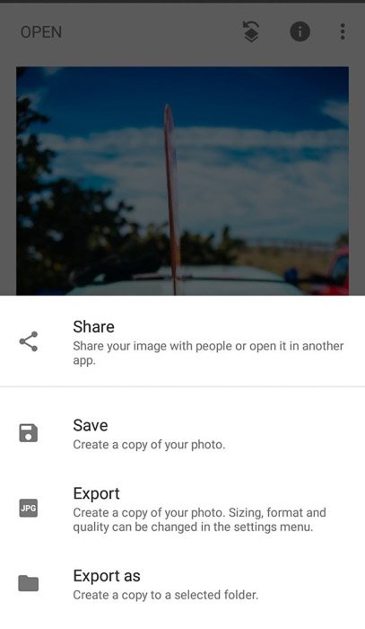 A screenshot of how to export photos in Snapseed