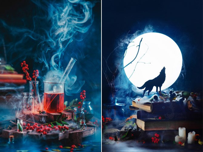 A diptych photo of magic themed still life compositions
