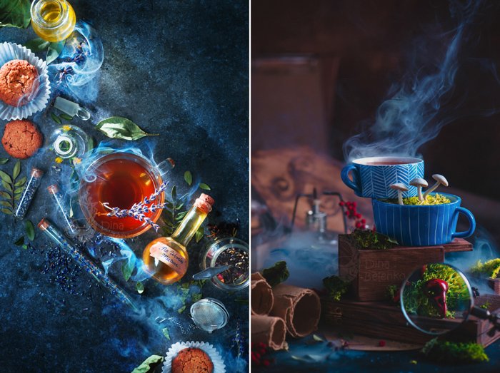 A diptych photo of magic themed still life compositions
