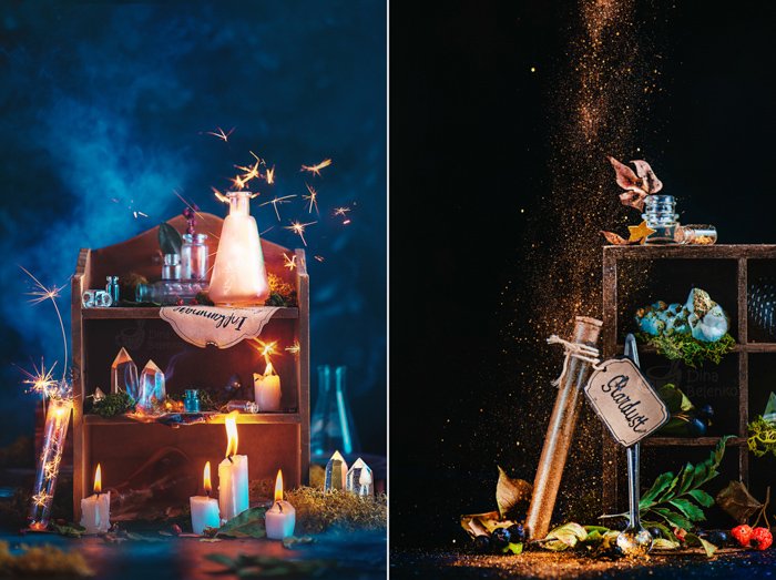 A diptych photo of magic themed still life composition