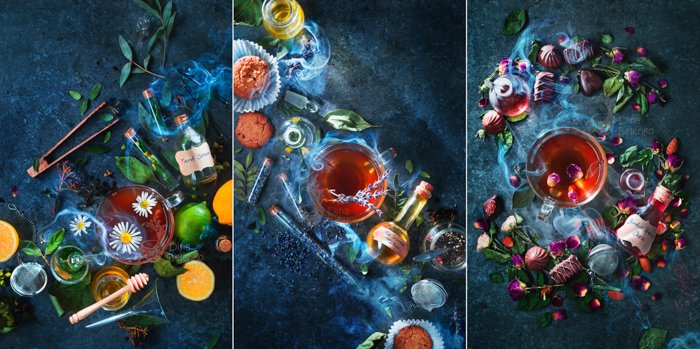 A still life triptych of magical potions - examples of using text in photography