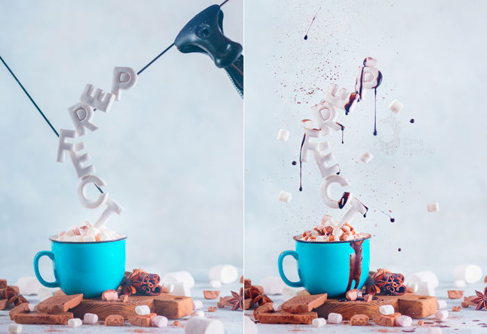 A diptych showing the set up for a creative still life using food typography - examples of typography