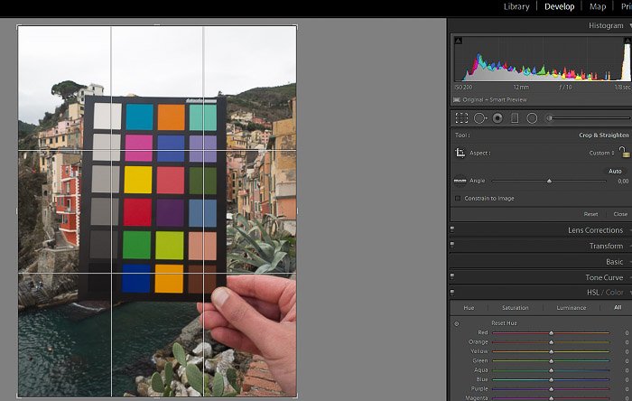 A screenshot of cropping a photo of a color checker in Lightroom