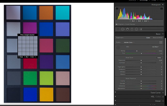 A screenshot of checking color balance on a color checker in Lightroom