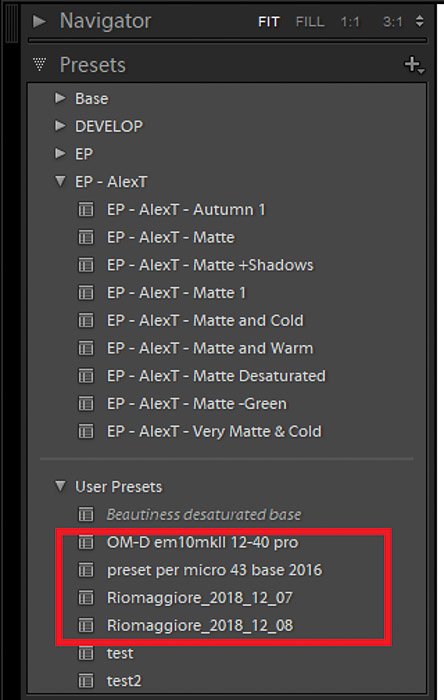 A screenshot of choosing user presets in Lightroom - how to use color checker