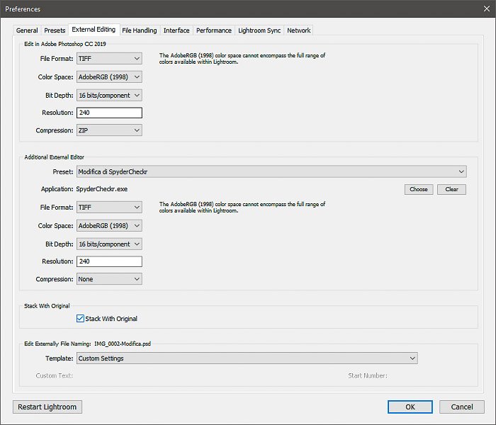 A screenshot of choosing preferences in Lightroom Configuration
