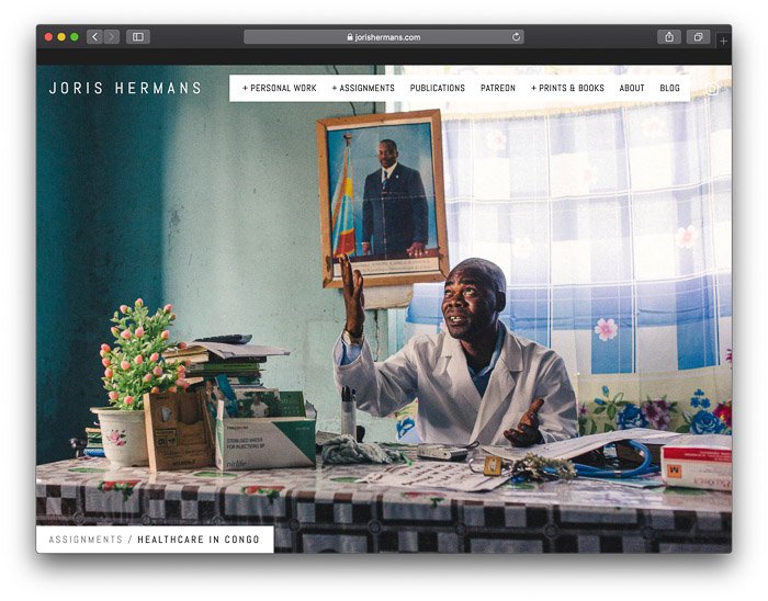 A screenshot of a photographers website homepage photojournalism tips