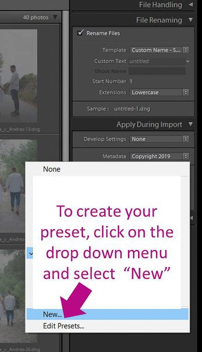 A screenshot showing how to create a metadata preset in Lightroom