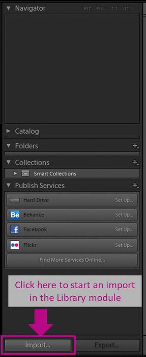 A screenshot showing how to start importing photos in Lightroom