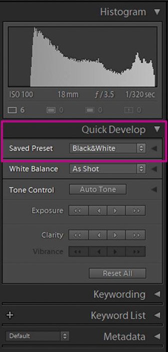 A screenshot showing how to select a Saved Preset in thew Quick Develop panel in Lightroom