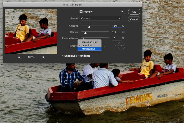Screenshot of editing a picture in Photoshop showing a row boat in India