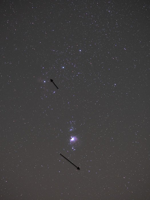 Two small trails from artificial satellites are barely visible in this shot from my series on M42.