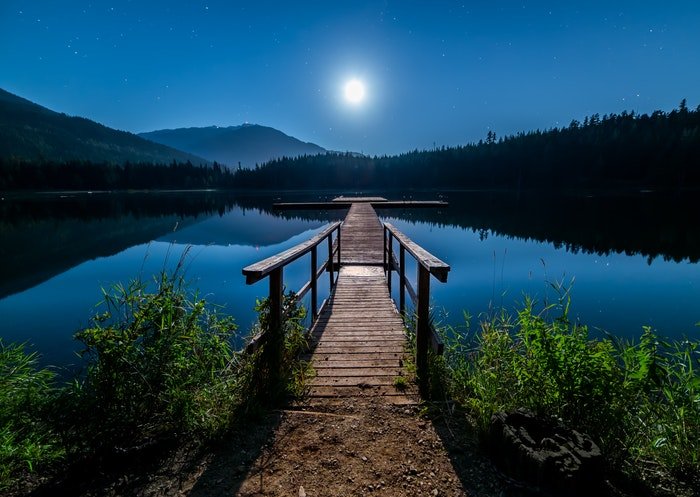 Serene night photography of mountains and lake